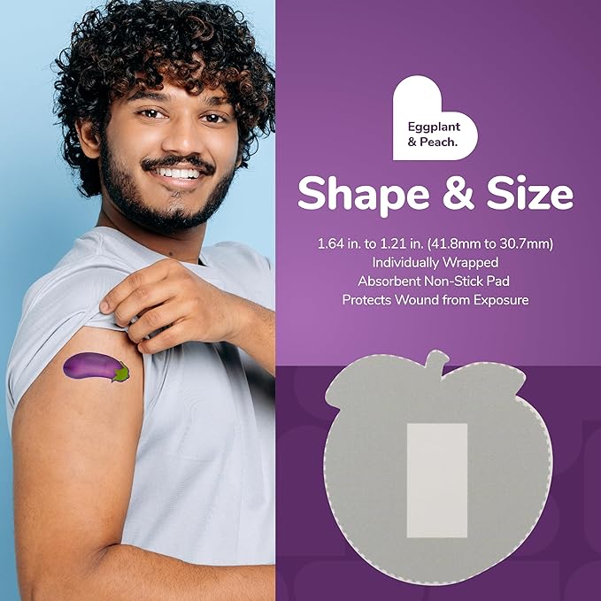 BioSwiss Funny Bandages, Eggplant and Peach Shaped Adult Novelty Self Adhesive Bandage Set, Latex Free, Sterile Wound Care, 24 Count