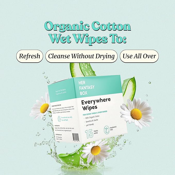 Her Fantasy Box | Everywhere Wipes – 100% Organic Cotton, Gentle & Refreshing, pH-Balanced, Fragrance-Free, Plant-Powered for Body, Face & Intimate Areas, Ideal for Sensitive Skin - 8 Pack, 120 Wipes