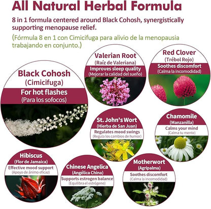 Black Cohosh Liquid Drops for Menopause Hot Flashes, 8-in-1 Herbal Supplements Tincture w/Red Clover, Motherwort Extract for Night Sweats. Cimicifuga & Valeriana para Menopausia. 2oz