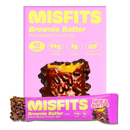 Misfits Vegan Protein Bars - Fudgey Brownie Batter| Nutrition Bars - 14g Protein, 1g Sugar, Plant-based, Low Carb, Non-GMO, Gluten Free Snacks | Pack of 12