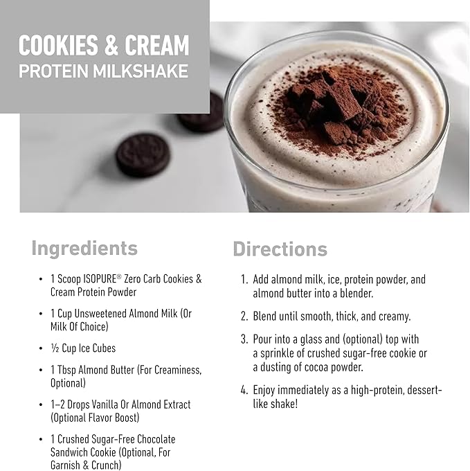 Isopure Zero Carb 100% Pure Whey Isolate Protein Powder, Gluten Free, With Vitamins, Cookies & Cream, 25g Protein Per Serving, 1 Lb, 15 Servings (Packaging May Vary)