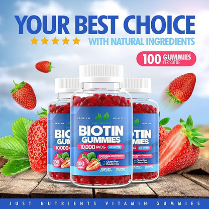 Biotin 10,000mcg Gummies for Hair Growth, Skin & Nails (100 Count) - 2x Maximum Strength Biotin Vitamins for Women & Men - Gluten-Free, Vegan, Non-GMO, Great Tasting Strawberry Flavor - 100 Gummies