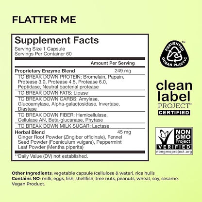 HUM Flatter Me Digestive Enzymes for Women & Men, Digestive Health Bloating Supplement with Ginger & Peppermint Leaf, Fast Acting Anti Bloat Pills Multi Enzyme for Debloating, Vegan, 60 Capsules