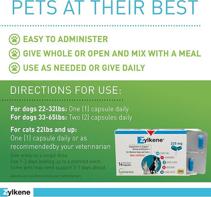 Vetoquinol Zylkene Calming Support Supplement for Medium Dogs 33-65lbs Promotes Relaxation, Reduces Stress, and Supports Occasional Anxiety Relief for Dogs, 225mg - 14 Capsules