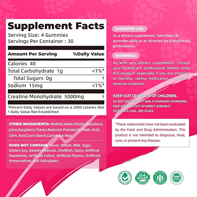 NSF Certified Creatine Gummy - Creatine Monohydrate Gummies 5000mg for Men & Women -120 Gummies Advanced Formula, Muscle Strength, Muscle Builder, Energy Boost, Pre-Workout Supplement-Raspberry