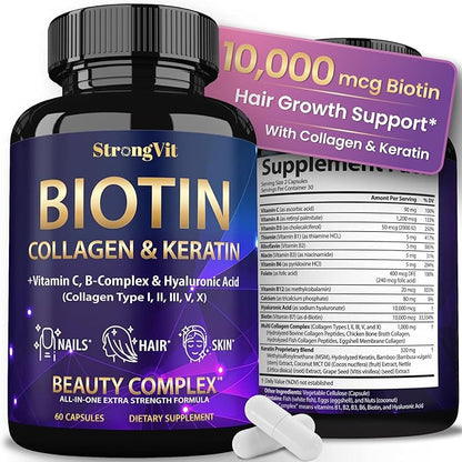 Biotin with Hyaluronic Acid, Keratin and Collagen Supplements - 10000mcg for Hair Growth Women and Men - Hair Skin and Nails Vitamins - 60 Capsules