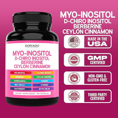 Myo-Inositol & D-Chiro Inositol Supplement For Women (90 Capsules, 40:1 Ratio Myo Inositol) Hormone Balance for Women - 10 in 1 Formula - Third Party Tested, Vegan Safe & USA Made - (90 Count)