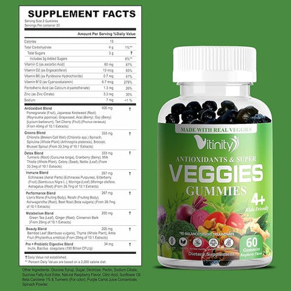 VITINITY Super Greens Multivitamin Gummies | Made with 30 Real Superfood Veggies, Herbs, Fruit for Adults & Kids to Boost Immunity, Skin & Gut Health | Non-GMO, Gluten-Free & Sugar-Free 60-Day Supply