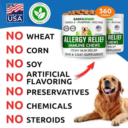 BARK&SPARK Dog Allergy Relief Soft Chews for Skin Health & Seasonal Allergies - Anti-Itch Supplement w/Omega-3, Quercetin & Bromelain Immune Treats for Dry Skin & Hot Spots - Chicken Liver - 240ct