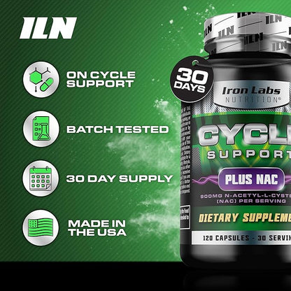 Iron Labs Nutrition: Cycle Support Plus NAC (N-Acetyl-L-Cysteine) - On Cycle Support Supplements for Men - N Acetyl L Cysteine and Milk Thistle (120 Capsules)
