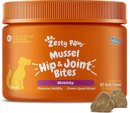 Zesty Paws Mussel Mobility Bites for Dogs - New Zealand Green Lipped Mussel with Natural Glucosamine & Chondroitin + Omega-3 Fatty Acids - Hip & Joint Support Supplement Soft Chews – 90 Count