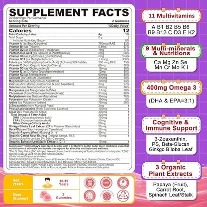 Multivitamin Filled Gummies for Teen Boys Girls 12-17, 18, 19, Kids 10+ Multivitamin with Omega 3, Calcium + Magnesium + Zinc, Multi-Minerals for Adolescent 10-19S Brain, Bone, Energy, Immune, 2Pack