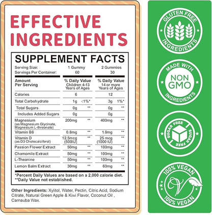 Magnesium Gummies for Kids - Magnesium Glycinate Gummies with L-Theanine, Vitamin B6, D3 for Kids & Adults Sleep, Calm, Relaxation, Brain, Bones, Muscle Relief, Sugar Free Green Apple & Kiwi 60ct