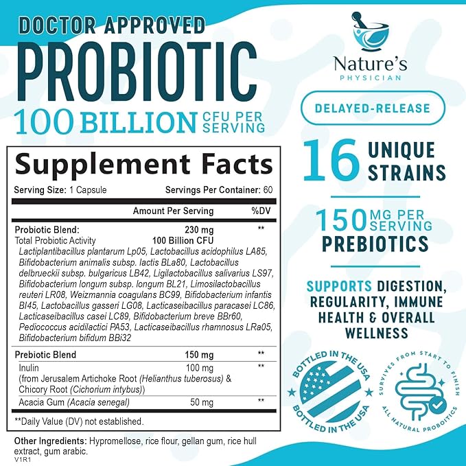Nature's Physician Probiotics - 100 Billion CFU Per Capsule - 16 Strains + Prebiotics - Best Probiotic Supplement for Women & Men - Supports Immune, Digestive Health, Constipation & Gas - 60 Capsules