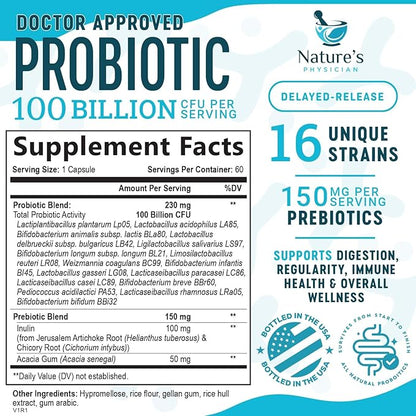 Nature's Physician Probiotics - 100 Billion CFU Per Capsule - 16 Strains + Prebiotics - Best Probiotic Supplement for Women & Men - Supports Immune, Digestive Health, Constipation & Gas - 60 Capsules