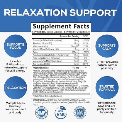 Stress Support Supplement - Extra Strength Ashwagandha, GABA, Magnesium, L-Theanine for Relief - Supports Mood & Focus - Naturally Calm, Unwind & Relax - Eases Tension & Nervousness - 120 Capsules