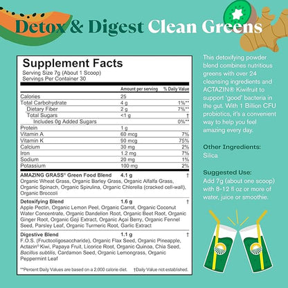 Amazing Grass Greens Blend Detox & Digest: Cleanse with Super Greens Powder, Beet Root Powder, Digestive Enzymes, Prebiotics & Probiotics, Clean Green, 30 Servings (Packaging May Vary)