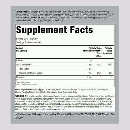 Piping Rock Kids Melatonin Gummy 1mg | 40 Gummies | Cherry Flavor | Vegan, Non-GMO, Gluten Free Supplement