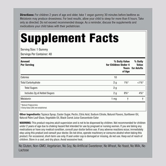 Piping Rock Kids Melatonin Gummy 1mg | 40 Gummies | Cherry Flavor | Vegan, Non-GMO, Gluten Free Supplement