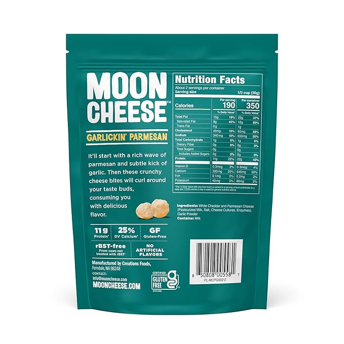 Moon Cheese Garlickin' Parmesan Cheese Bites, 2 Ounce, 3-Pack, Crunchy, Protein Rich Cheese Snack, 100% Real Cheese