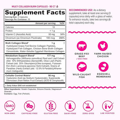 Multi Collagen Burn: Multi-Type Hydrolyzed Protein Peptides with Hyaluronic Acid, Vitamin C, SOD B Dimpless, Types I, II, III, V and X, Caffeine-Free (Unflavored Capsules)