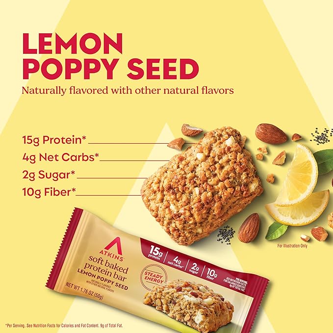 Atkins Soft Baked High Protein Bars, Lemon Poppy Seed Flavor, 15g Protein, 4g Net Carbs, 2g Sugar, Keto Snacks, Low Sugar Bars, High Fiber Snacks, 6 pack (4 bars each)