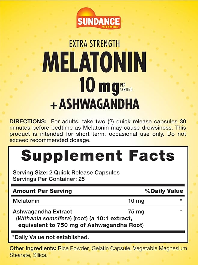 Sundance Melatonin 10mg with Ashwagandha | 50 Capsules | Extra Strength | Non-GMO & Gluten Free Supplement