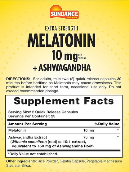 Sundance Melatonin 10mg with Ashwagandha | 50 Capsules | Extra Strength | Non-GMO & Gluten Free Supplement