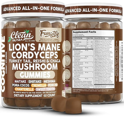 Clean Nutra Lions Mane Mushroom Gummies Cordyceps Supplement for Memory and Focus Immune Support Vitamins Reishi Chaga Turkey Tail Mushrooms Gummy Shiitake Maitake Meshima Supplements