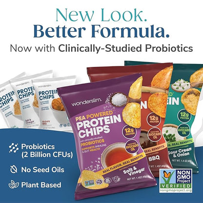 Wonderslim Protein Chips with Probiotics, Variety Pack | 12g Plant Protein, 170 Cal | High Protein Chips, Vegan, Gluten Free, Non-GMO | Made with Avocado Oil, No Seed Oils | 12 Pack
