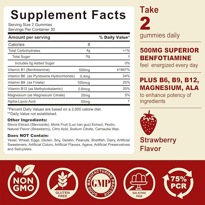Vitamin B1(Benfotiamine) Gummies 500mg – B1 B6 B12 Vitamins with Magnesium for Energy Metabolism, Healthy Nervous System – Chewable B Complex for Adults & Kids - Vegan, Sugar Free, 120 Ct