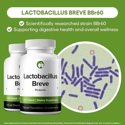 Natural Foundation Supplements Lactobacillus Breve Probiotic Supplement 240 Tablets 3 Billion CFU Probiotics for Men & Women Supports Intestinal Digestive & Gut Health (240, Lactobacillus Breve)