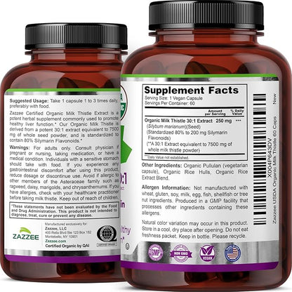 Zazzee USDA Organic Milk Thistle 30:1 Extract, 80% Silymarin, 60 Vegan Capsules, 2 Month Supply, Certified Kosher, High Potency Liver & Antioxidant Support, Silybum Marianum, Non-GMO, Made in the USA