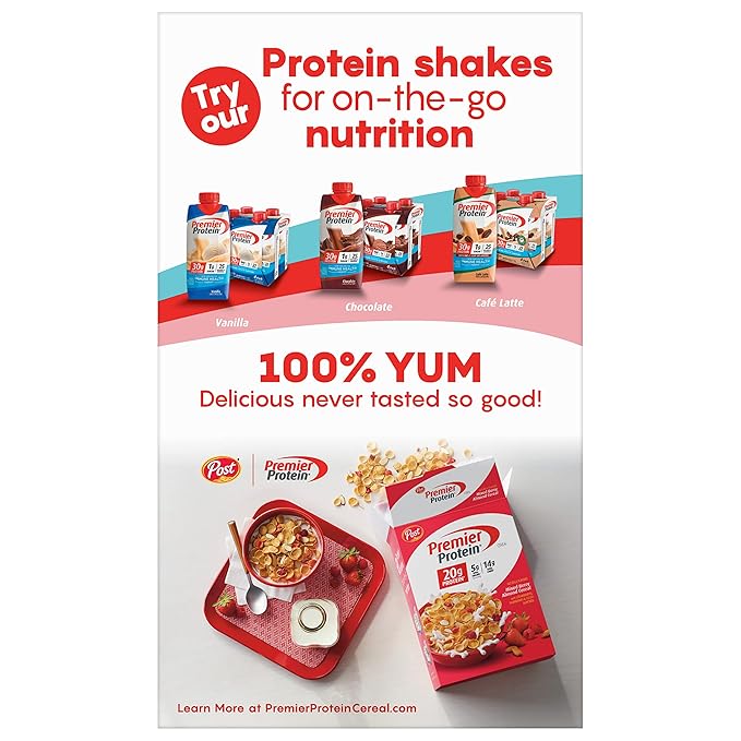 Premier Protein Chocolate Almond Cereal, Chocolatey Protein Cereal Flakes with Sliced Almonds, Contains 20g of Protein Per Serving, 9 OZ Box