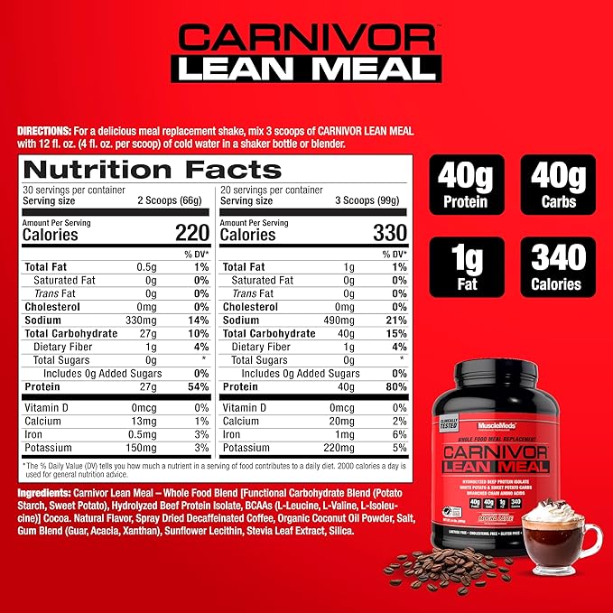 MuscleMeds CARNIVOR Lean Meal Whole Food Meal Replacement Shake, MRE, Beef Protein Isolate, White Potato, Sweet Potato, 40g Protein, 40 g Carbs, Lactose Free, Sugar Free, Mocha Latte 20 Servings