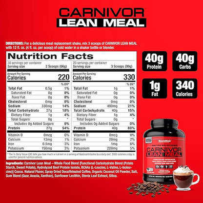 MuscleMeds CARNIVOR Lean Meal Whole Food Meal Replacement Shake, MRE, Beef Protein Isolate, White Potato, Sweet Potato, 40g Protein, 40 g Carbs, Lactose Free, Sugar Free, Mocha Latte 20 Servings