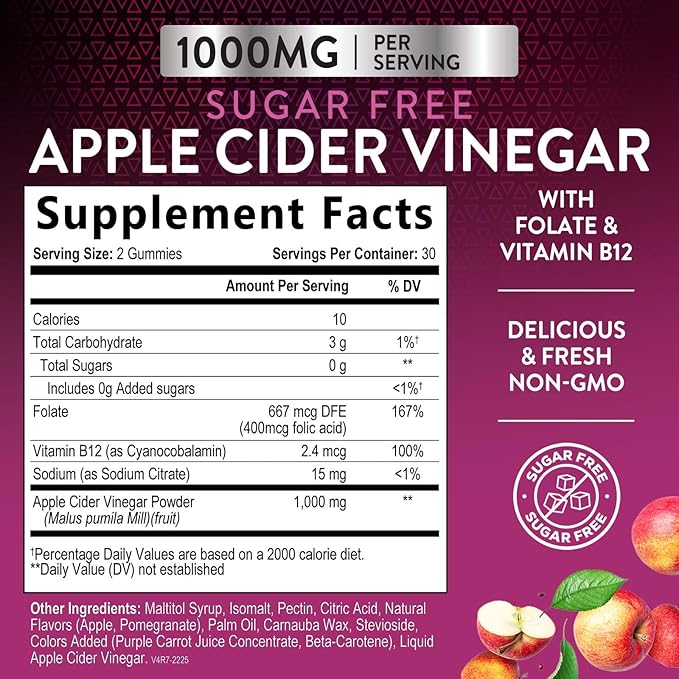 Apple Cider Vinegar Gummies for Weight Loss, Zero Sugar - Apple Cider Vinegar Powder 1000mg Per Serving - Vegan Apple Cider Vinegar Gummy for Detox & Cleanse - Sugar Free ACV Supplement - 60 Gummies