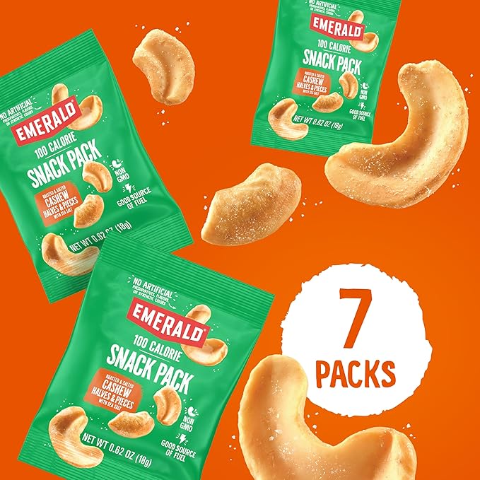 Emerald Nuts Roasted and Salted Cashews 7ct (1-Pack), 100-Calorie Individual Packs, Plant-Based Protein, Kosher Certified, Non-GMO, Contains No Artificial Preservatives, Flavors or Synthetic Colors