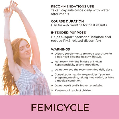 FEMICYCLE Herbal Supplement for Women – PMS, Hormonal & Menstrual Cycle Support – Lodh Tree, Ashoka, Asparagus, Licorice & Turmeric – Period Wellness Formula – 120 Vegan Capsules