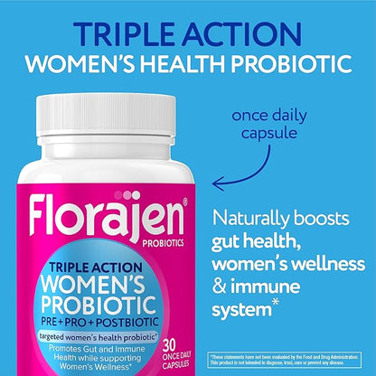 Florajen Women's Complete Triple-Action Prebiotic + Probiotic + Postbiotic for Digestive & Immune Support - Fast-Acting Relief from Constipation & Bloating - Gluten-Free - Vegan - Non-GMO - 30-Count