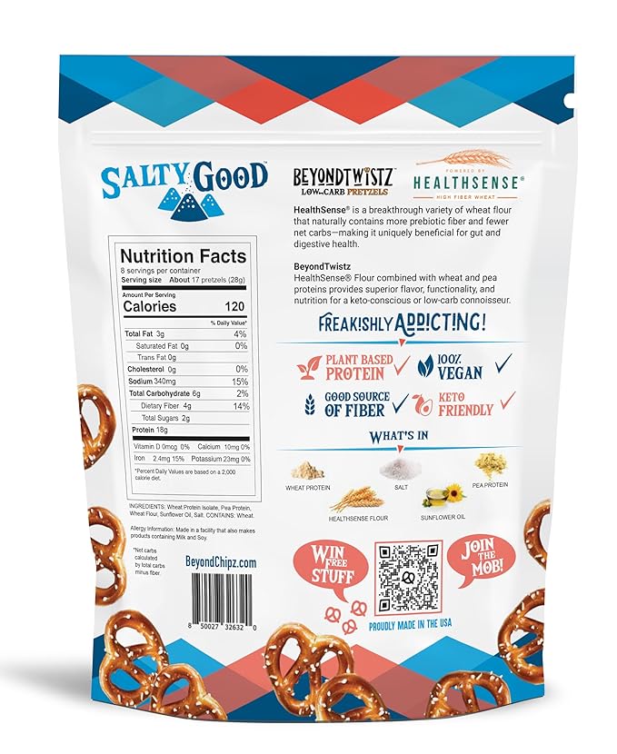 BeyondTwistz Low Carb Pretzels, Starter Pack, Keto Friendly, 2g Net Carbs, 18g Protein, Powered By HealthSense® High Fiber Wheat Flour, Family Size 8oz Bag, Pack of 4