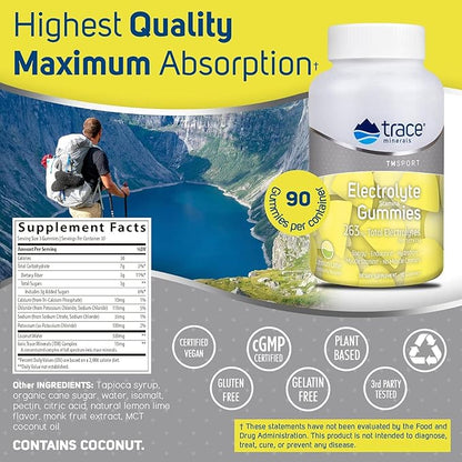 Trace Minerals Electrolyte Stamina Gummies - Convenient Electrolyte Supplement that Supports Hydration - Supports Optimal Energy - Muscle Stamina - Vegan - Lemon Lime - 90 Count (30 Servings)