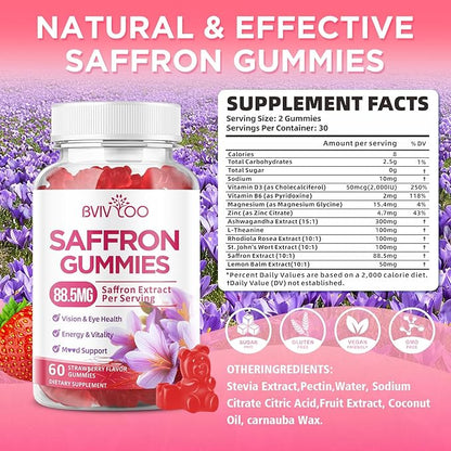 Saffron Gummies for Adult Kids, 10-IN-1 Formula with Saffron 88.5mg, Vitamins D3 & B6, Magnesium, Zinc, Ashwagandha, L-Theanine, St. John's Wort - Supports Mood & Focus, Strawberry Flavor, 60 Count