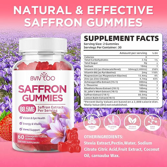 Saffron Gummies for Adult Kids, 10-IN-1 Formula with Saffron 88.5mg, Vitamins D3 & B6, Magnesium, Zinc, Ashwagandha, L-Theanine, St. John's Wort - Supports Mood & Focus, Strawberry Flavor, 60 Count
