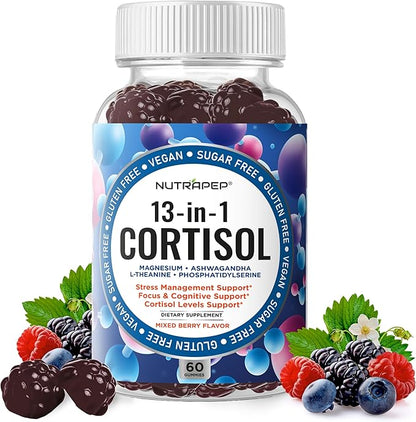 Cortisol Gummies for Women Men - 13-in-1 High Cortisol Reducer with Ashwagandha Magnesium L-theanine Rhodiola Rosea - Daily Cortisol Detox Manager for Stress Focus Support - Vegan Sugar Free