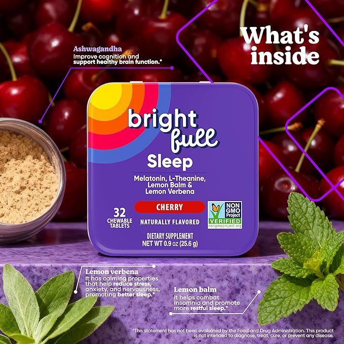 Supplement Natural Sleep Aid with Melatonin, Ashwagandha, Lemon Balm & L-Theanine – Drug-Free Sleep Support – Restful Sleep, Back to Sleep – Cherry Flavor – 32 Chewable Tablets