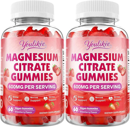 2 Pack Magnesium Citrate Gummies, High Absorption Magnesium Gummies for Adults, Magnesium Supplement to Support Natural Relaxation, Vegan, Sugar-Free, Strawberry Flavor, 120 Count