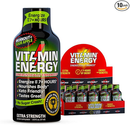 Vitamin Energy Workout+ Extra Strength Energy Shot Sour Apple 10 Pack, 260mg Natural Caffeine, Pre-Workout, B-Vitamins, Minerals, Endurance & Performance, Zero Sugar, Gluten-Free, Vegan, 1.93 fl oz