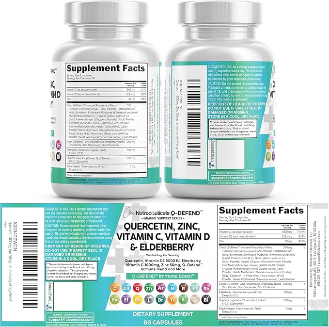 Q Defend Quercetin Supplement with Zinc Vitamin C Vitamin D Elderberry Turmeric Black Pepper Garlic Ginger Sea Moss Lysine Stinging Nettle Reishi Immune Support 60 Capsules Pack of 2 by Clean Nutra
