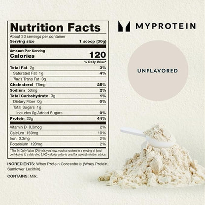 Myprotein Impact Whey Protein Powder, 2.2 Lbs (33 Servings) Unflavored, 22g Protein & 5g BCAA Per Serving, Protein Shake for Superior Performance, Muscle Strength & Recovery, Gluten Free